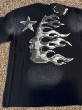 Men's Black Short-Sleeve Tee with Silver Flame Face Graphic